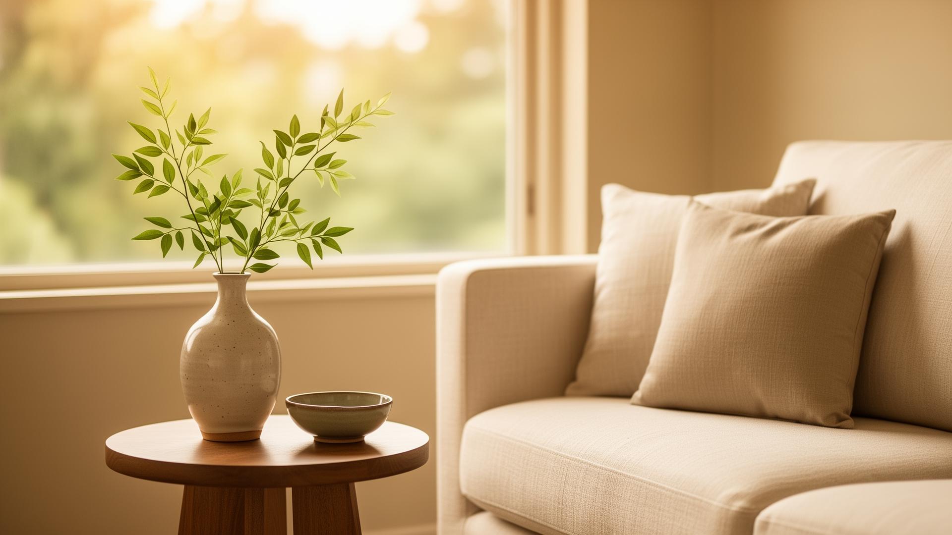 Calming sunlit psychiatry office with elm leaves